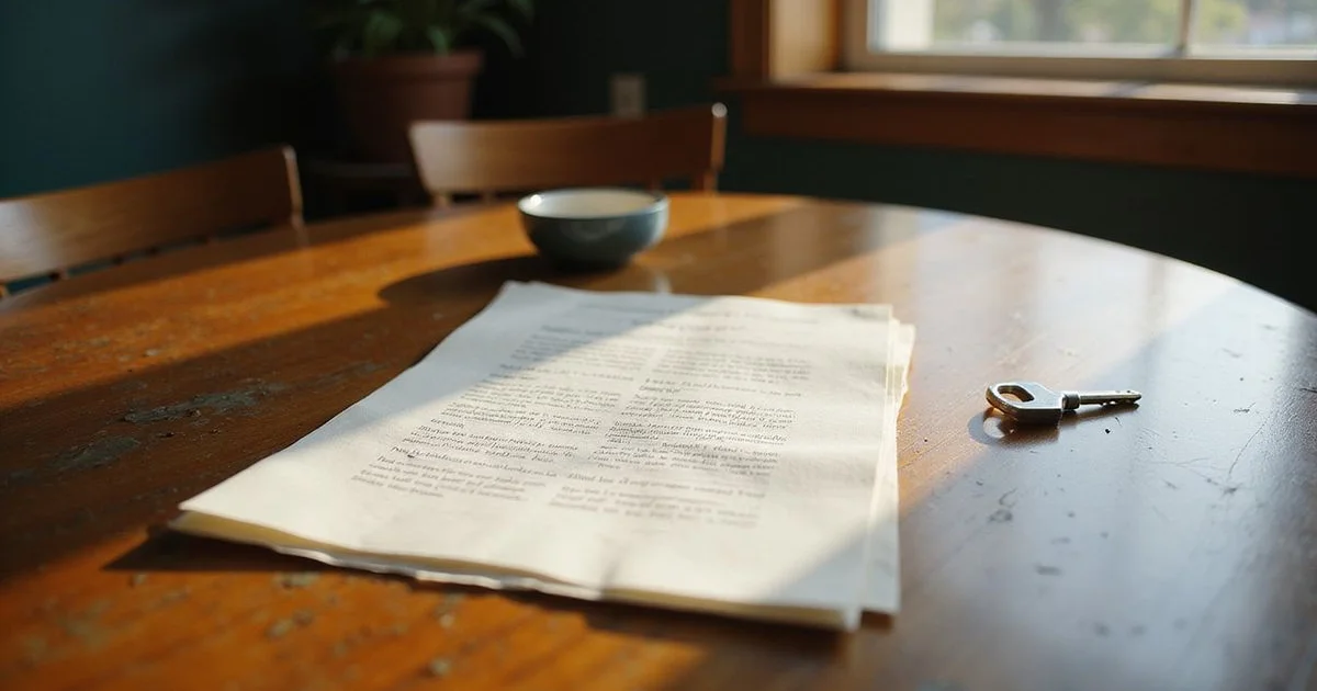 Estate papers and a house key on an oak dining table