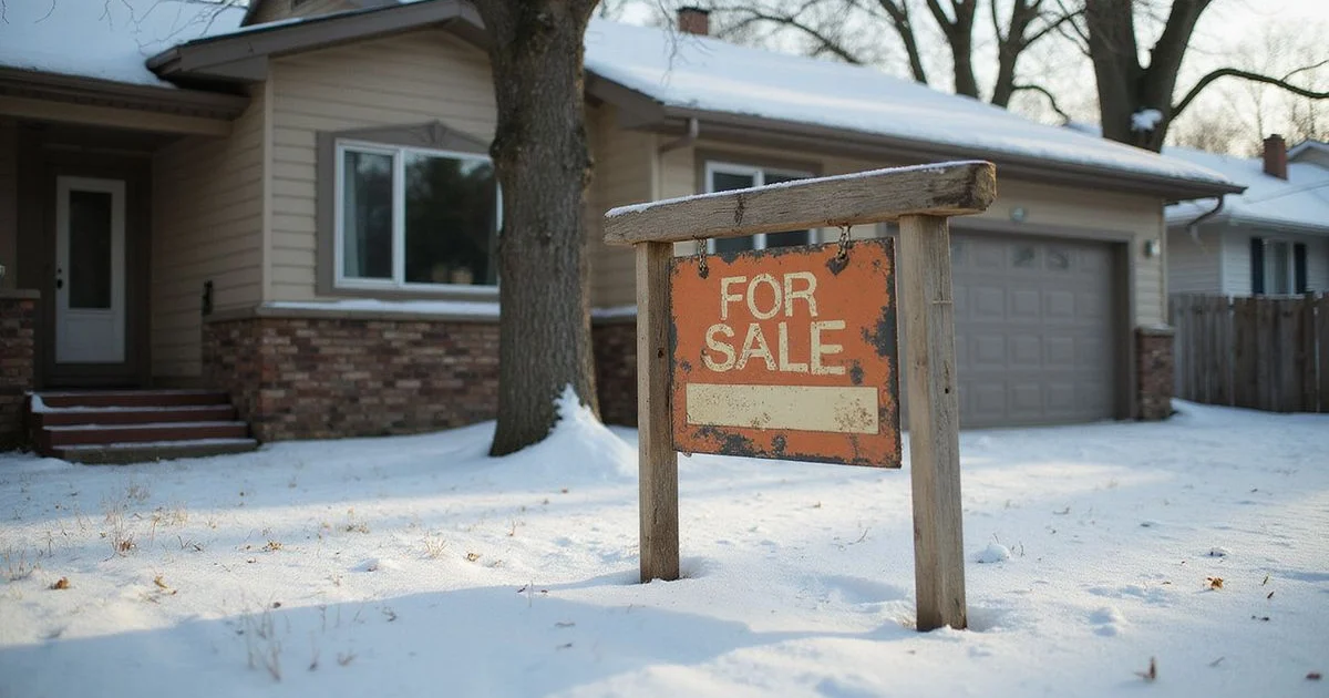 Faded for-sale sign in a snowy front yard