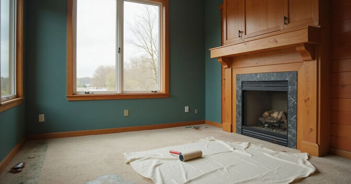 Freshly painted living room with a drop cloth and roller