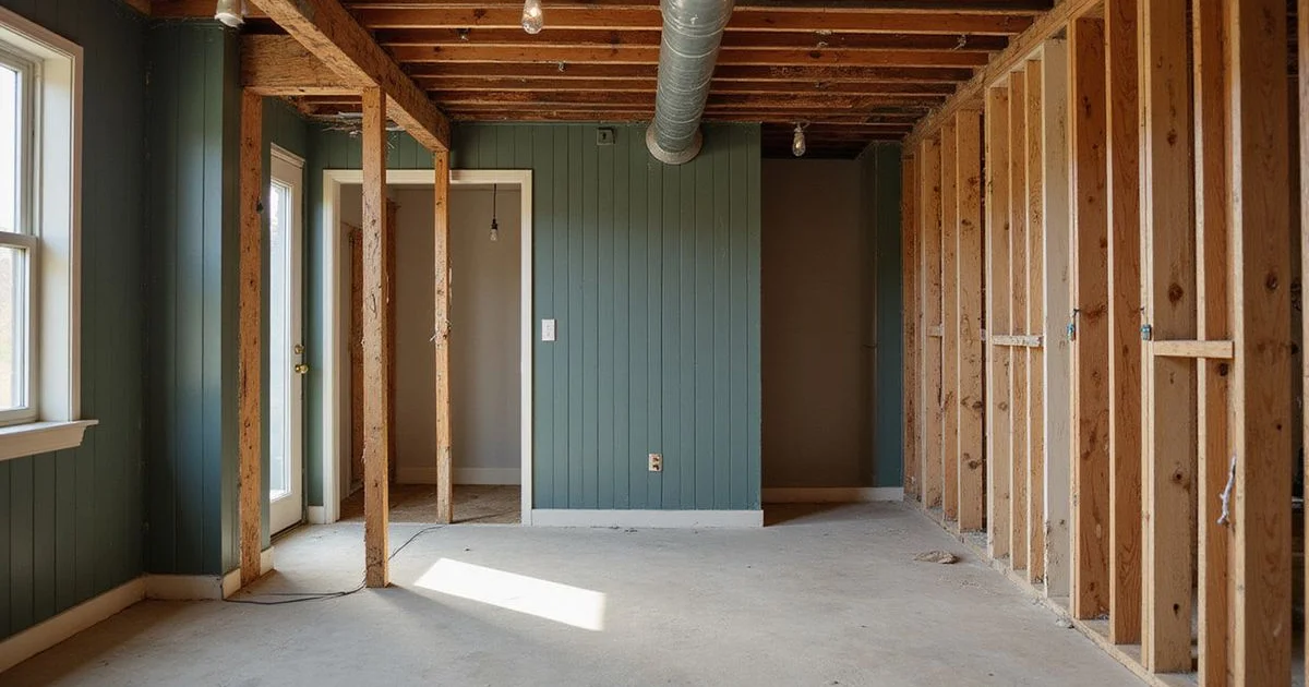 Half-finished basement remodel with exposed studs