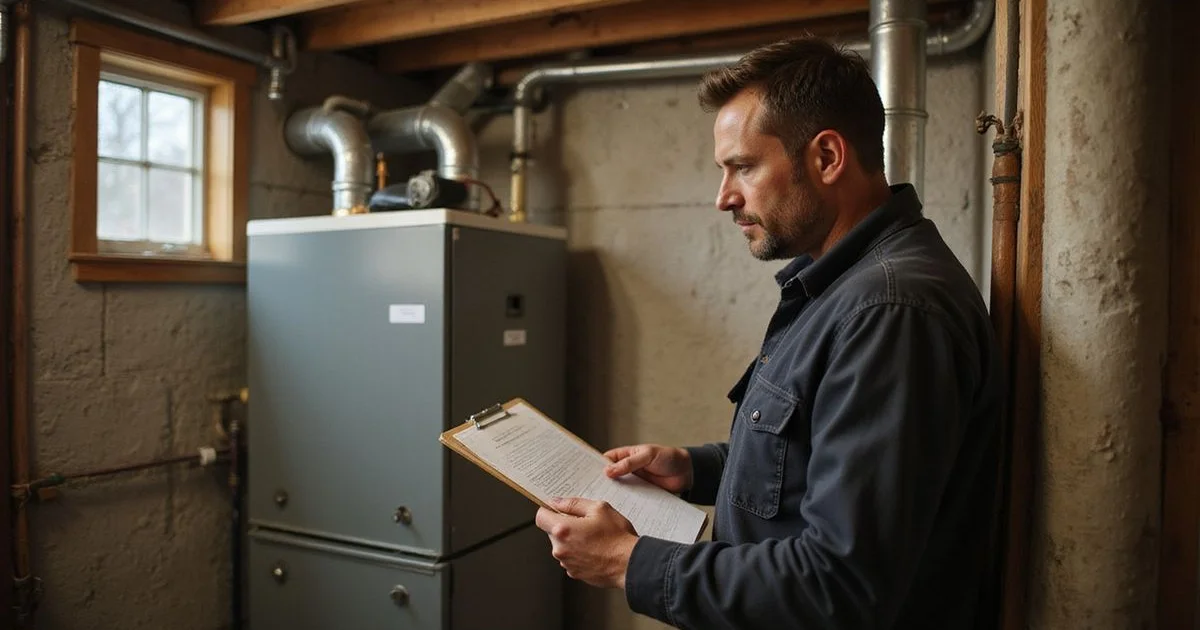 Housing evaluator with a clipboard in an older basement near a boiler