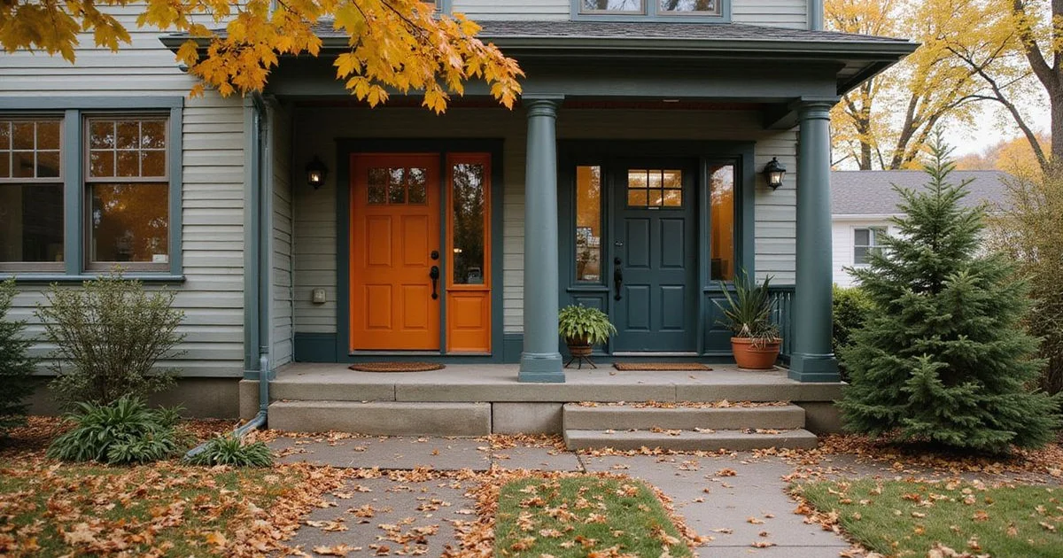Minneapolis duplex with two entry doors in autumn