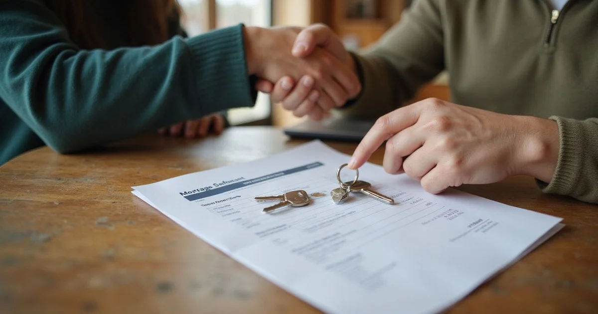 Mortgage statement and house keys on a table between two people