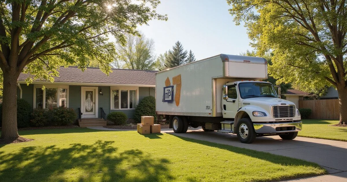 Moving truck in the driveway of a rambler with boxes on the lawn