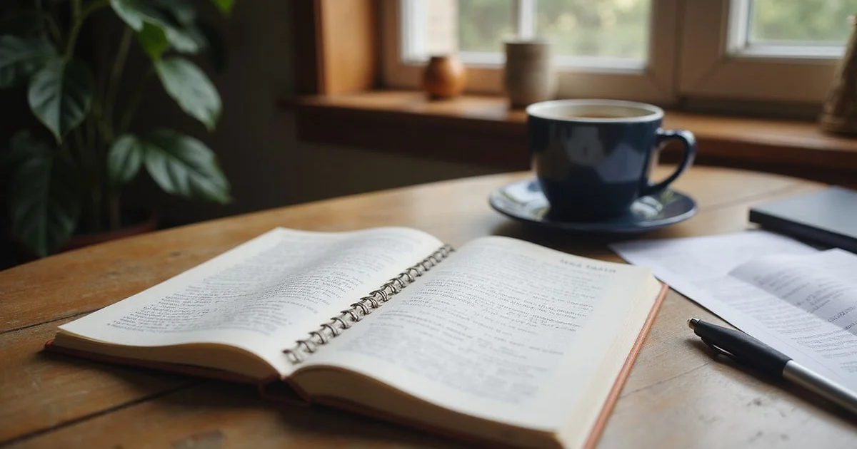Notebook with handwritten real estate terms beside a coffee mug