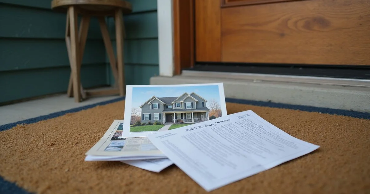 Pile of 'we buy houses' postcards and letters on a doormat