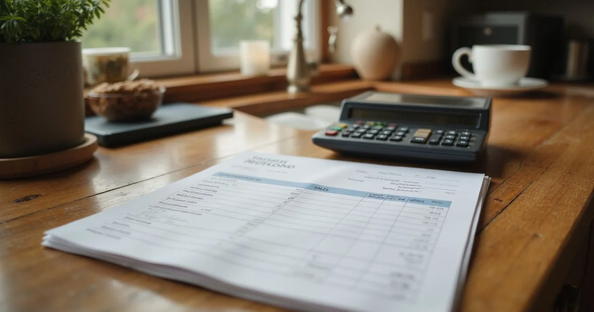 A printed net sheet and calculator on a kitchen counter