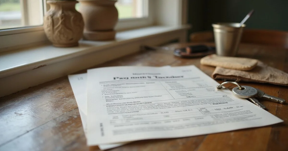 Property tax statement beside house keys on a table