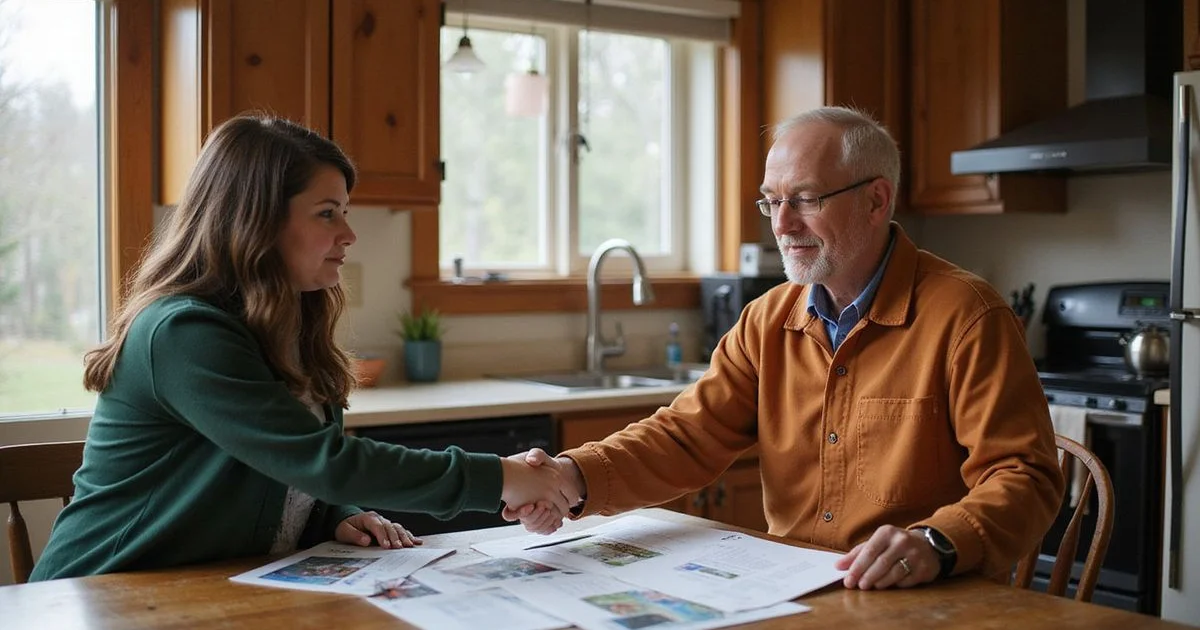 Ryan and a homeowner comparing printed options at a kitchen table in a Minneapolis bungalow