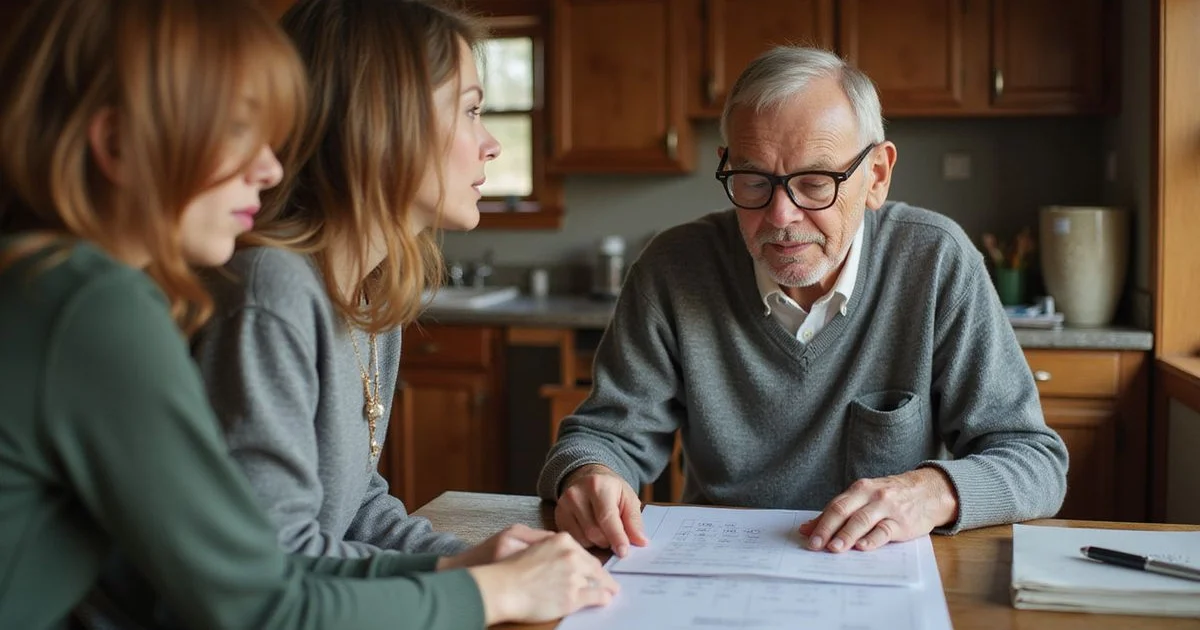 Retired homeowner reviewing a payment schedule at a kitchen table