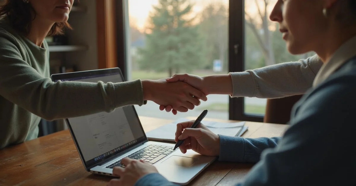 Seller reading loan servicing statements on a laptop at home