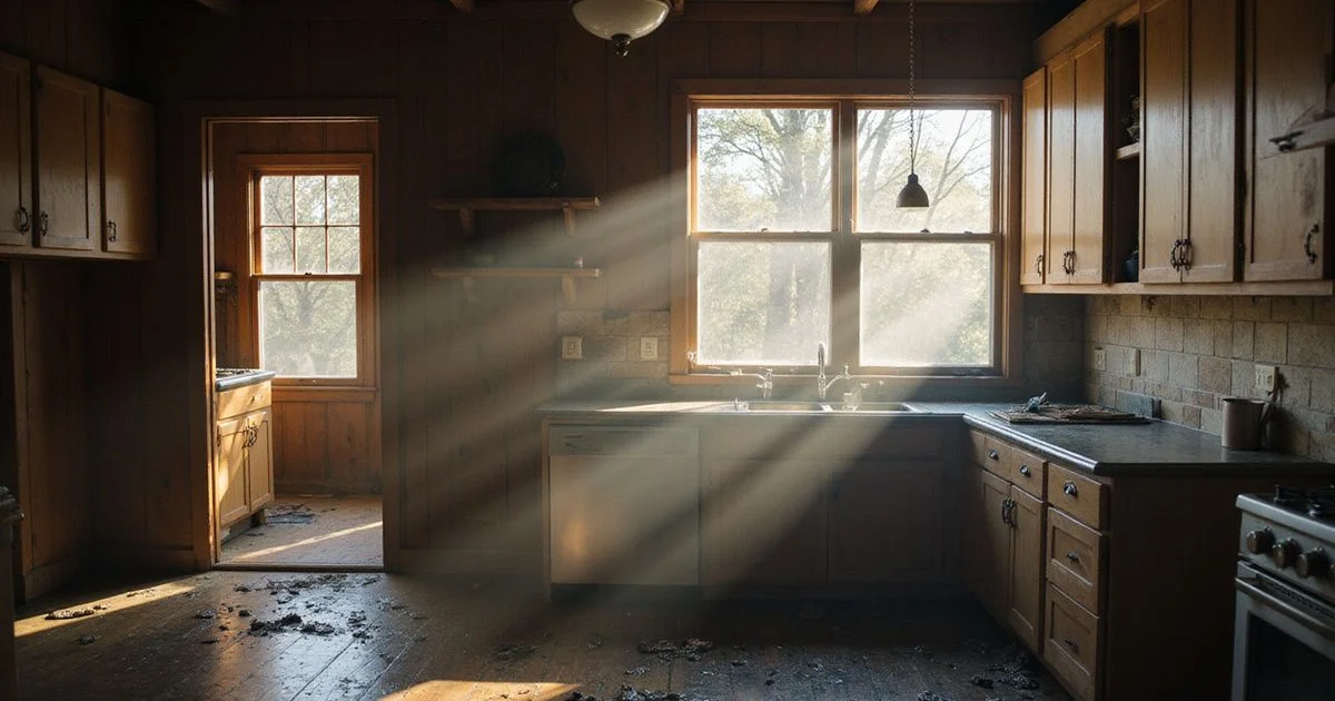 Smoke-stained kitchen with daylight through the window