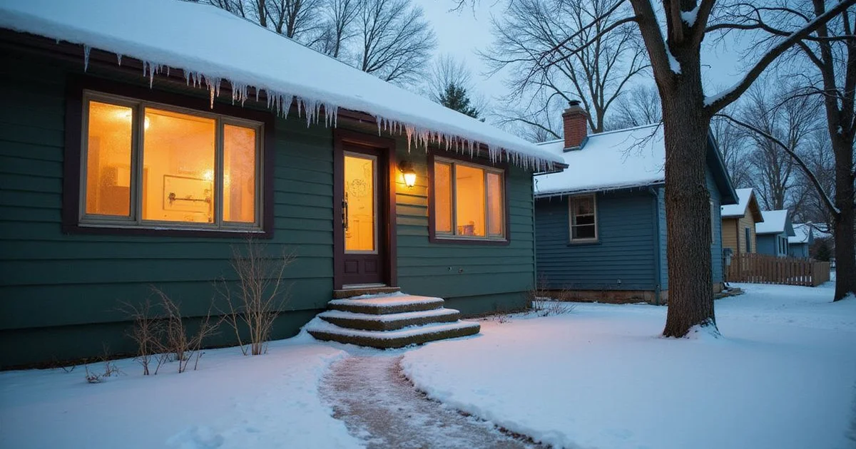 Snow-covered vacant house with icicles and an unshoveled walk