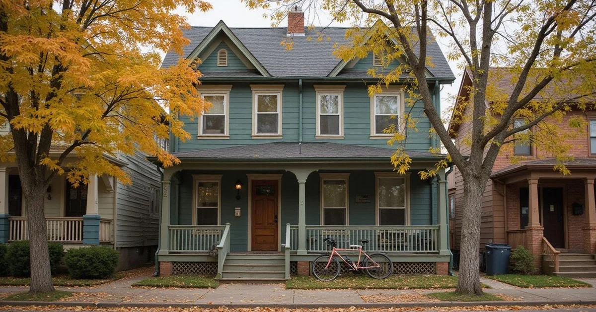 St. Paul fourplex on a tree-lined street in early fall