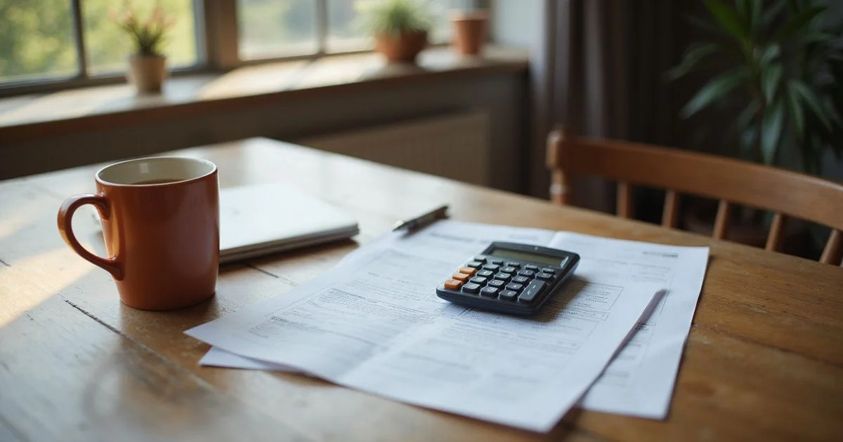 Tax forms and a calculator on a kitchen table
