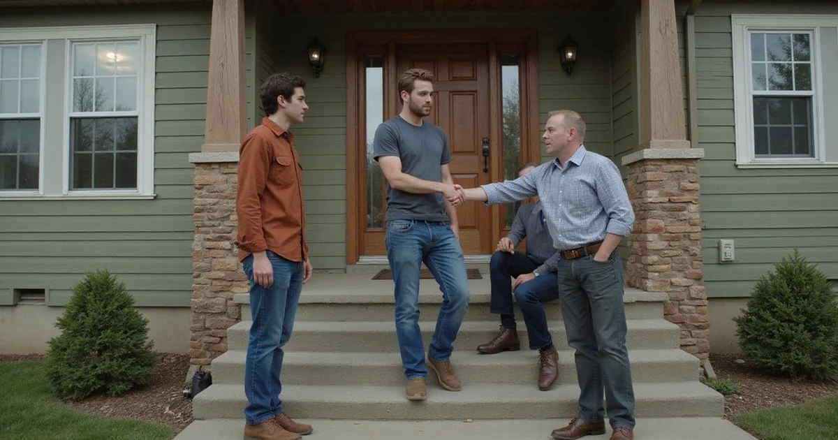 Three brothers talking on the front steps of a Chanhassen split-level home