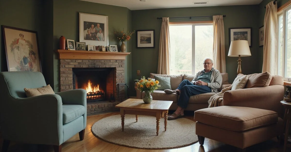 A senior's tidy living room with family photos on the mantel