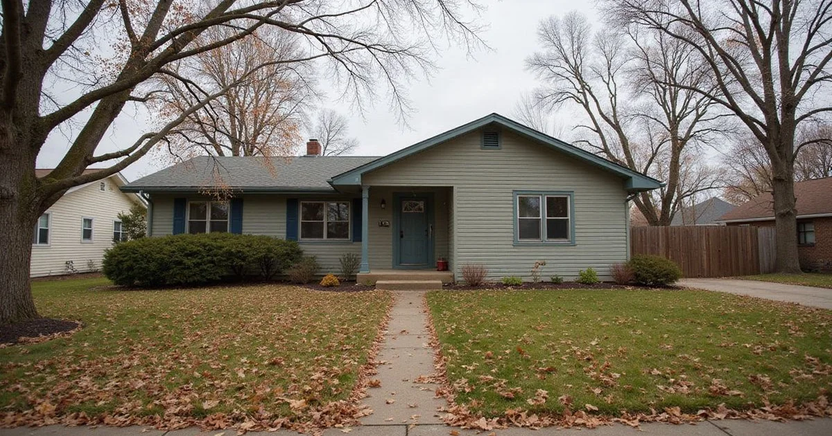Vacant Twin Cities house in late October with bare maples and leaves on the lawn