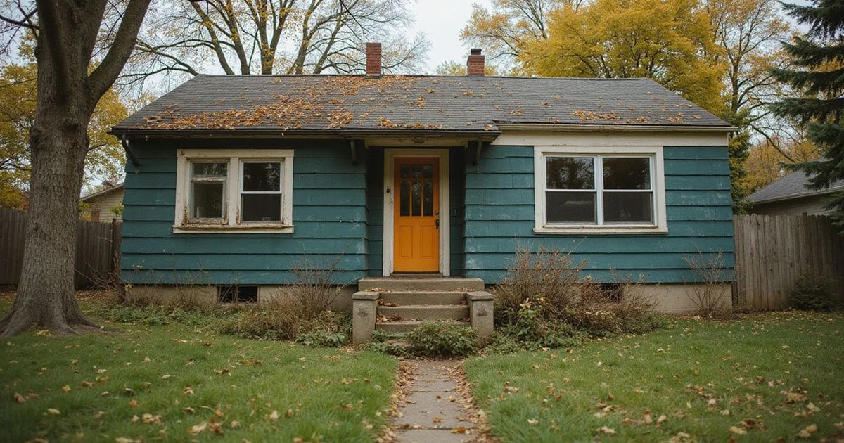 Worn rental house with an overgrown yard in north Minneapolis