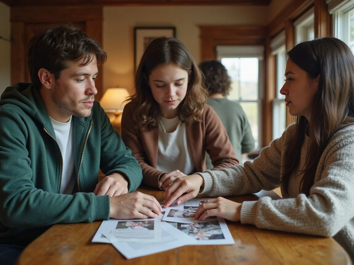 Siblings sorting estate papers at a dining table in their parents' Minneapolis home