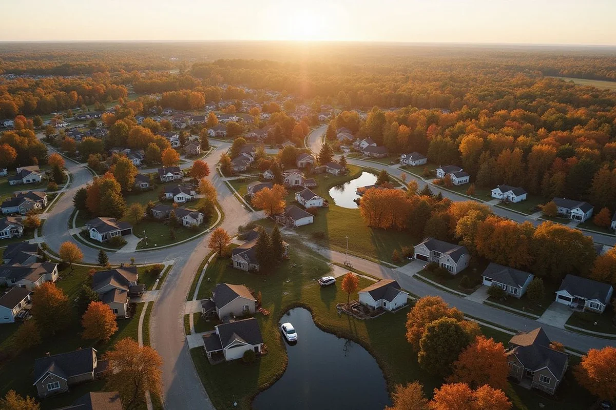 Aerial view of Twin Cities suburban neighborhoods and lakes