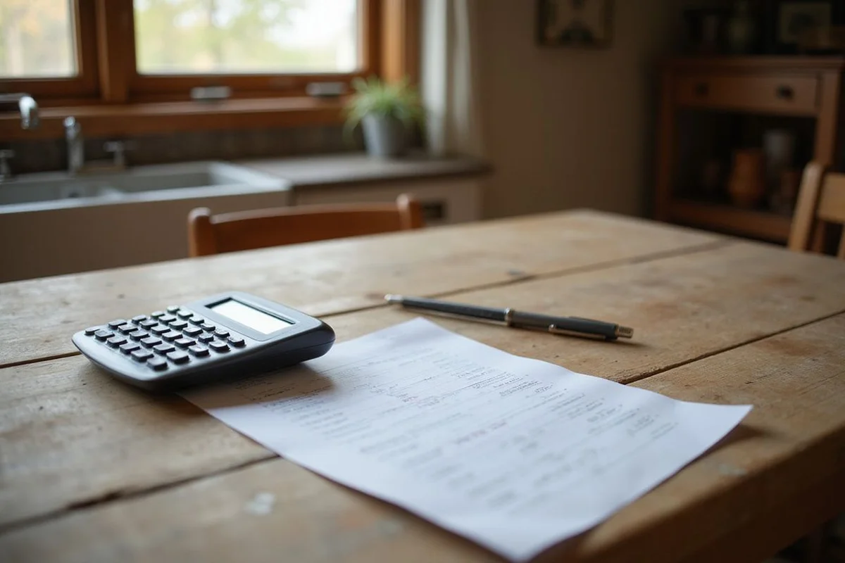 Calculator and a printed net sheet on a kitchen table