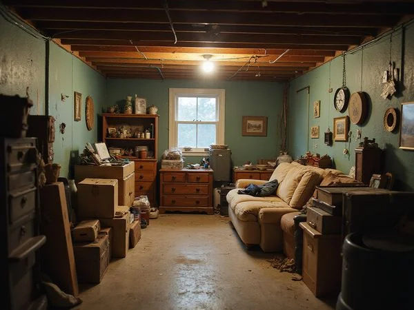 Basement full of stored boxes and furniture