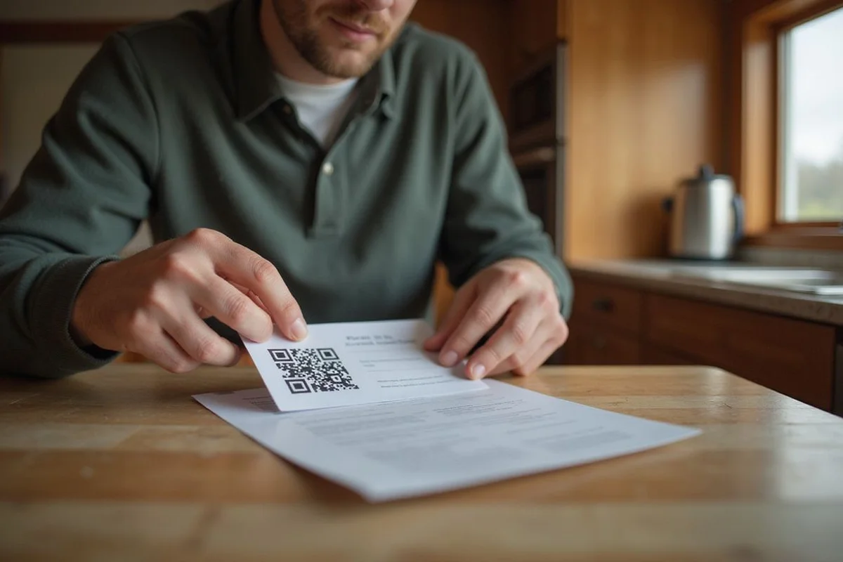 Homeowner holding a review card with a QR code at a kitchen table