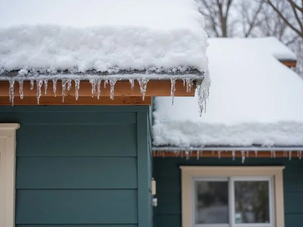 Ice dam damage on a snow-covered roof
