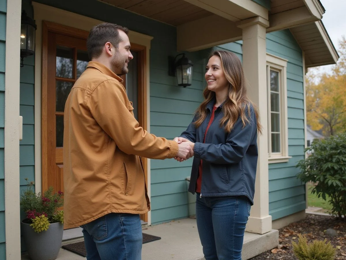 Ryan shaking hands with a homeowner on the porch of a Minneapolis rambler after a cash offer
