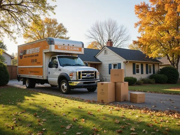 Moving truck in a driveway
