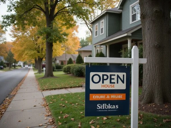 Open house sign in front of a colonial home