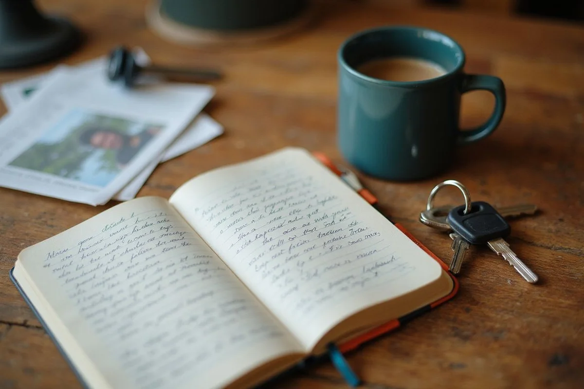 Notebook, coffee and house keys on a wooden desk