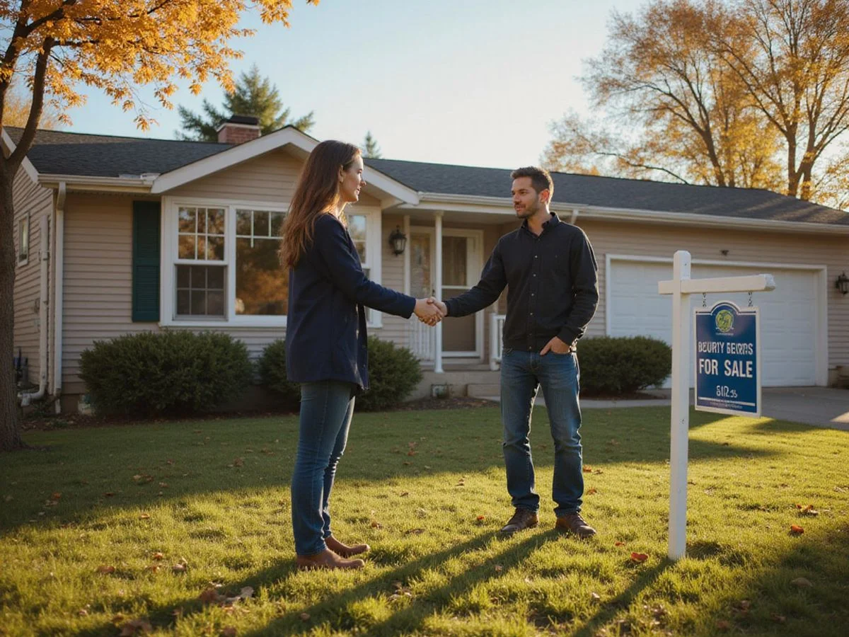 Ryan placing a for-sale sign in front of a Twin Cities split-level home