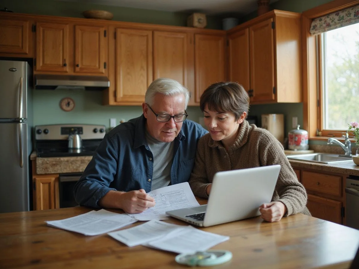 Homeowners reviewing refinance paperwork at their kitchen table