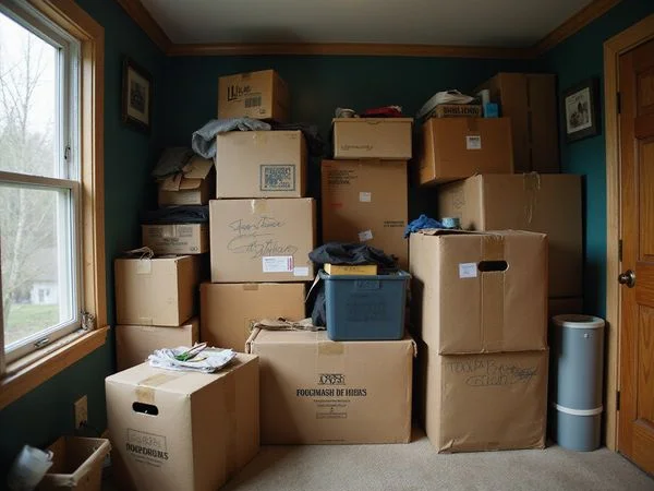 Room stacked with belongings