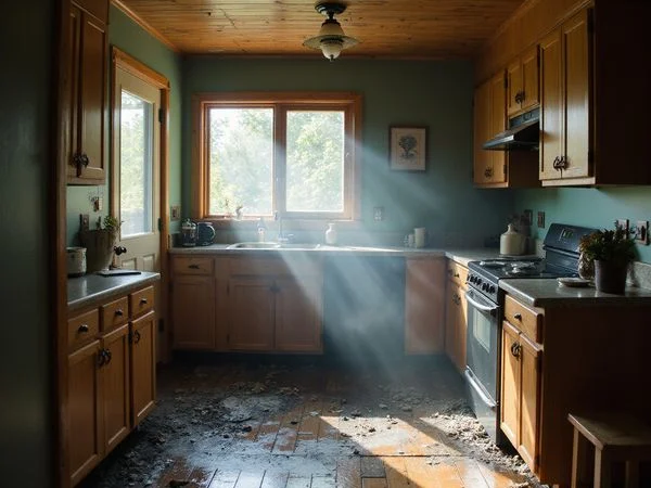 Smoke-stained kitchen after a fire