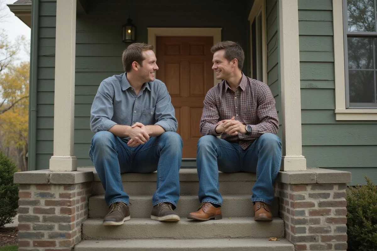Ryan, Jordan and Ross Quade talking on the front steps of a Chanhassen home
