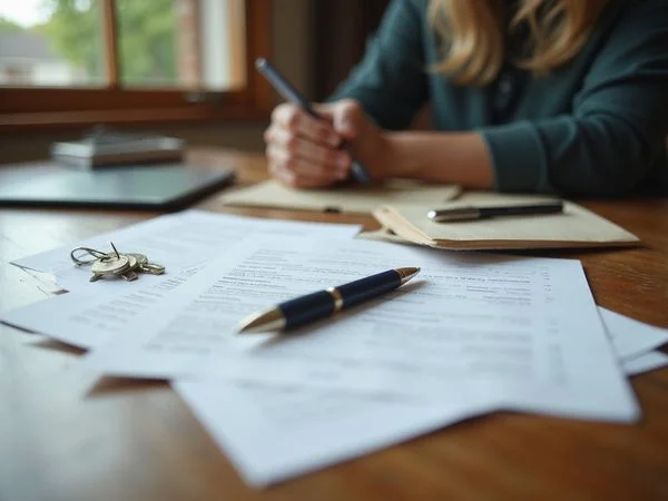 Closing table with a settlement statement and house keys
