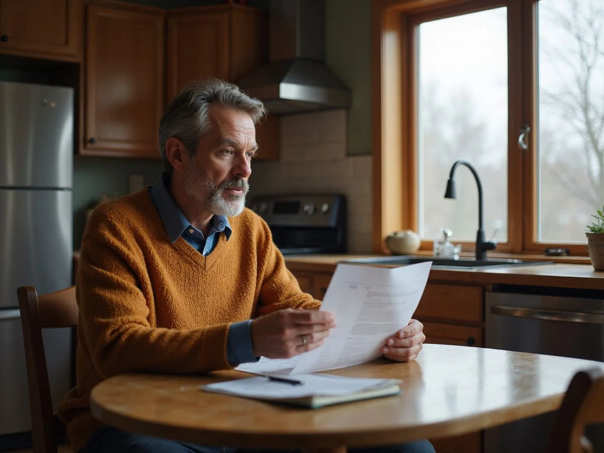 Homeowner reading a foreclosure notice at a kitchen table
